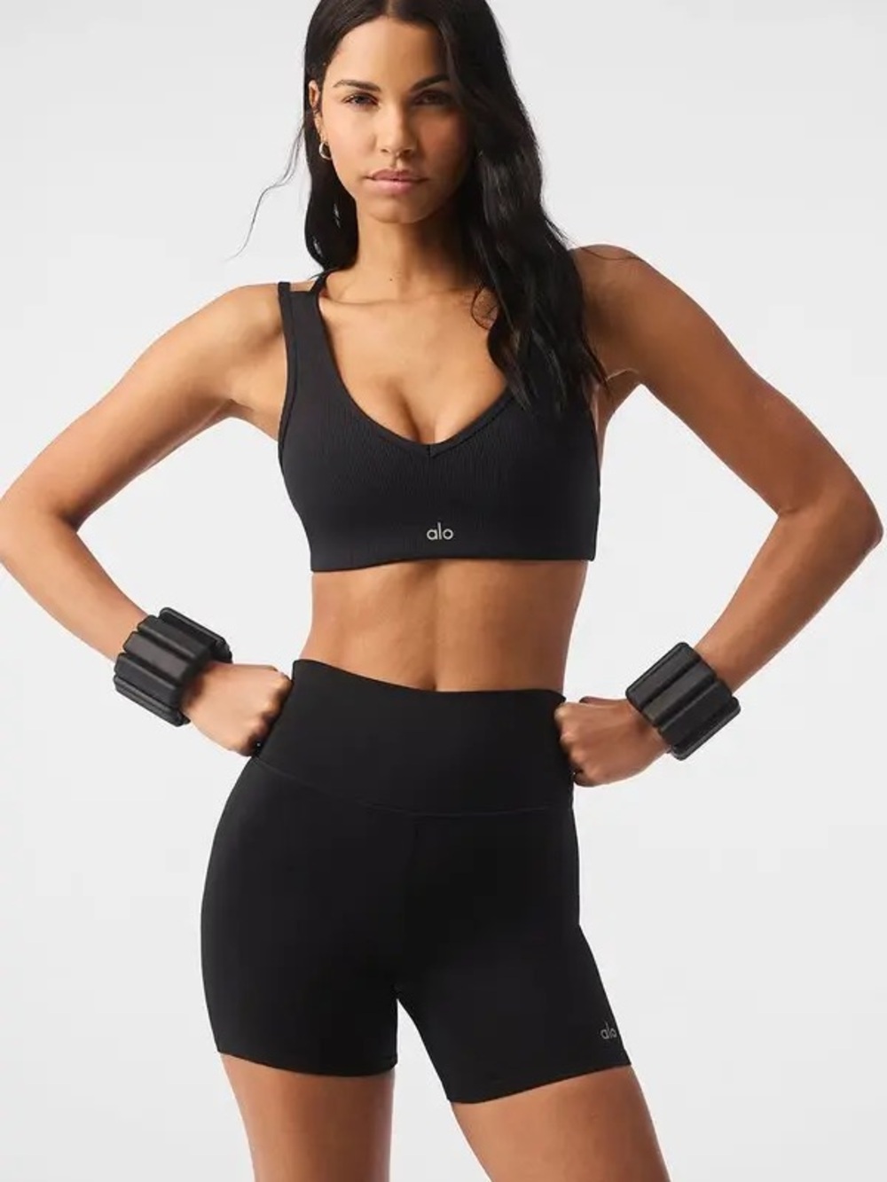 ALO Yoga Black Ribbed Jump Start V-Neck Sports Bra